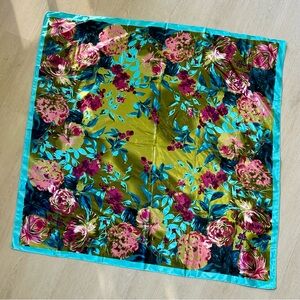 Satin Oversized scarf with pink roses, olive green background, aqua teal accents